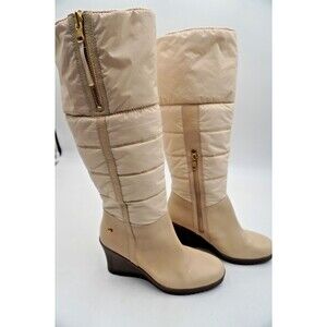 UGG Australia Leona Cream Quilted Sz 8 Leather Knee-High Puffer Snow Wedge Boots